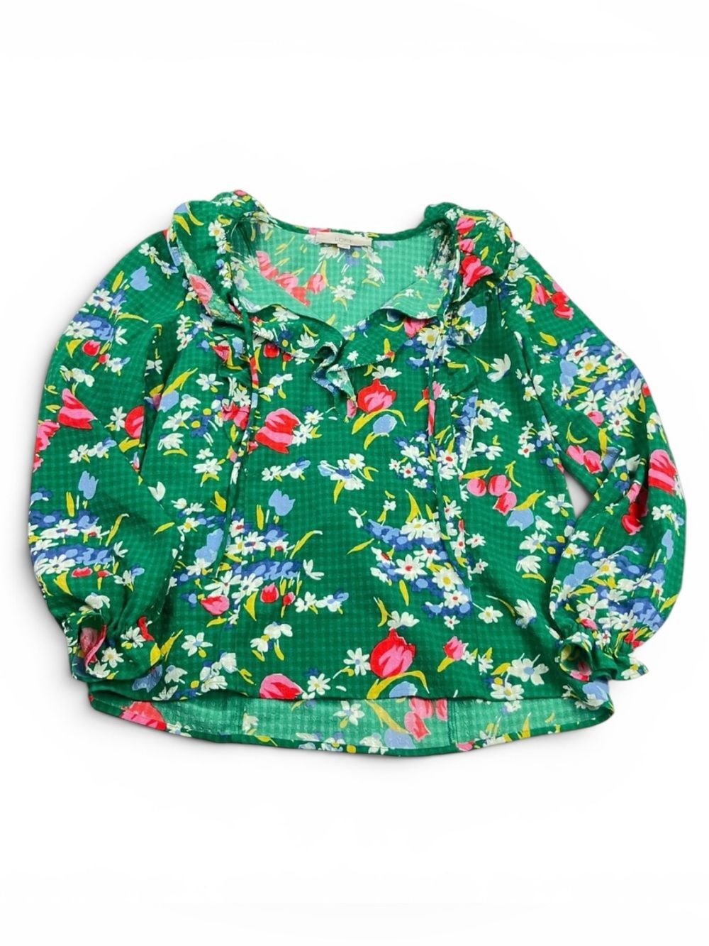 LOFT Peasant Top Green Botanical Floral Boho Shirt Ruffled V-Neck Lightweight S
